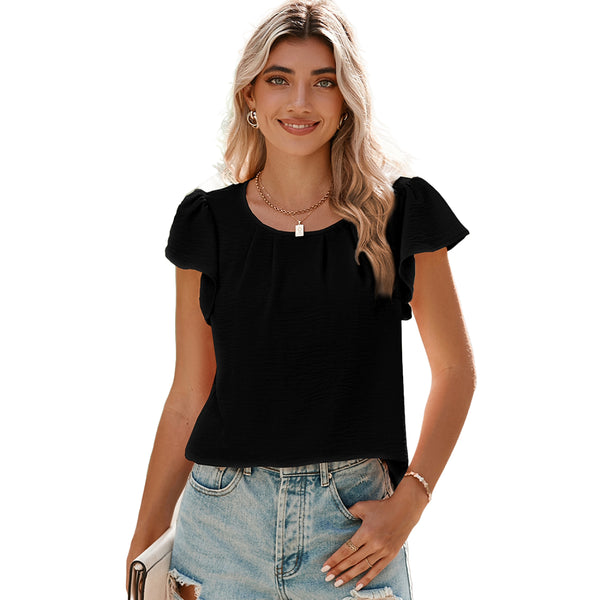 Women's Pleated Ruffle Sleeves Chiffon Blouses - Casual Summer Top